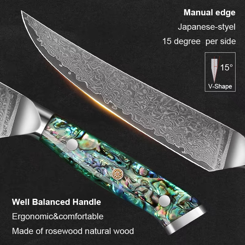 Baovim Damaszener Küchenmesser mit Abalone-Muschel Griff, 5 Zoll Steakmesser für Fleisch und Gemüse, Mehrfarbig - Bild 5
