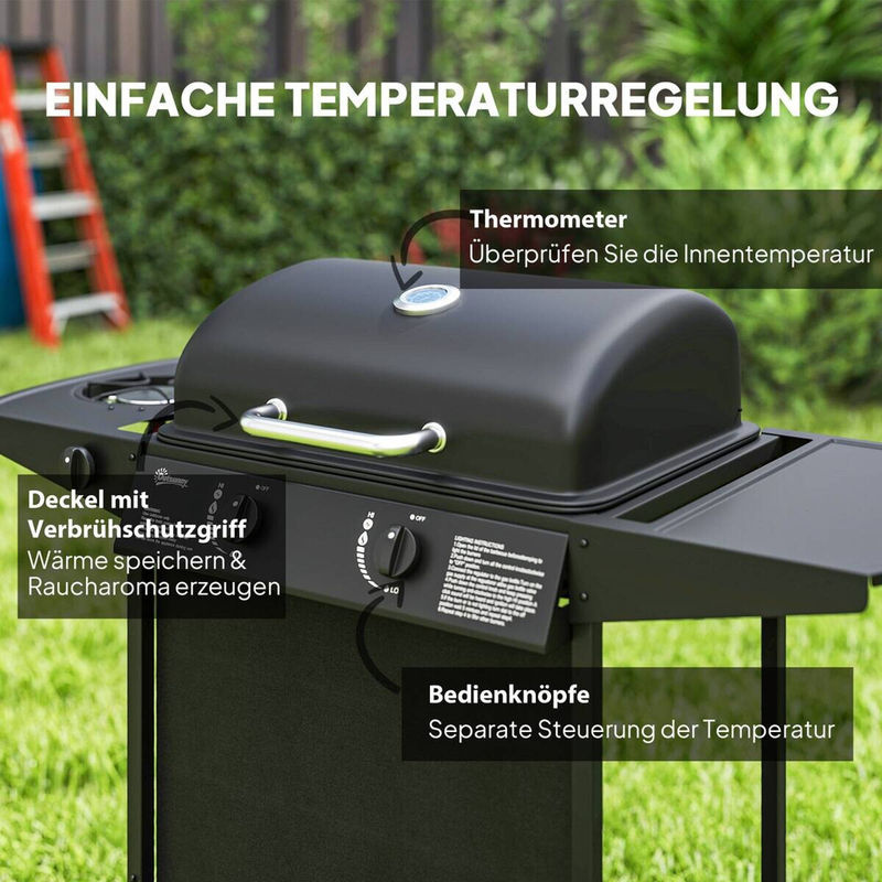 Outsunny Gasgrill mit 3 Brennern und Seitenkocher, BBQ Gartengrill mit 2 Heizzonen, Thermometer und Seitenablagen, B/H/L: 54 x 96 x 107 cm - Bild 3