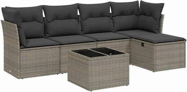 vidaXL 6-teilige Garten-Sofagarnitur in L-Form mit Kissen und Tisch, Grau, Poly Rattan und Metallrahmen - Bild 1