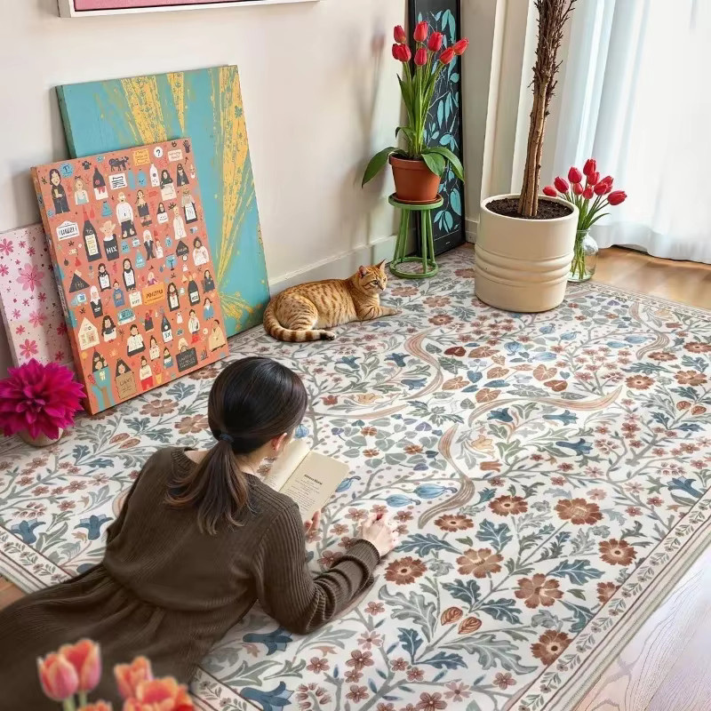 VIKAMA Boho Blumenteppich mit floralem Muster, waschbarer rechteckiger Teppich für Wohnzimmer und Schlafzimmer, Mehrfarbig - Bild 2