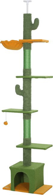PawHut Deckenhoher Kratzbaum Grün mit Katzenhöhle, Hängematte und Spielzeug, B/T/H: 34 x 55 x 275 cm - Bild 1