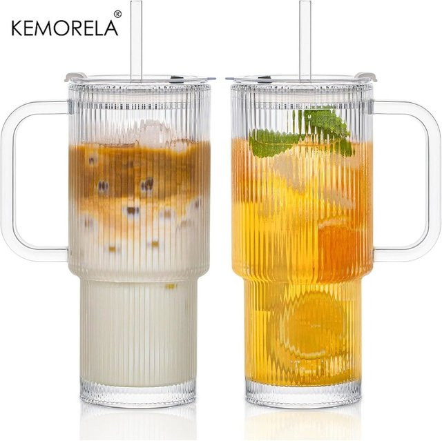 KEMORELA Glasbecher mit Streifenmuster und Griffdeckel, 760 ml gerippter Tumbler mit Strohhalm für kalte und heiße Getränke, transparent - Bild 1