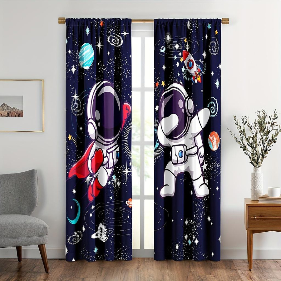 2er-Set Weltraum Astronaut Fenster Vorhänge mit kosmischem Design, halbtransparent, B: 150 cm, H: 166 cm - Bild 3