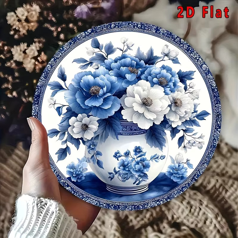 Potdemiel Wanddekoration Porzellan-Thema in Blau und Weiß, runde Metall-Wandplatte mit floralem Design, Durchmesser: 20,32 cm - Bild 2