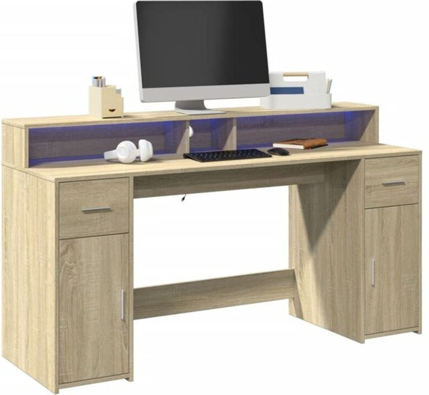 LED Schreibtisch von Vidaxl in Sonoma Eiche Natur aus Holzwerkstoff, Modern, B/T/H: 160 x 55 x 91 cm - Bild 1