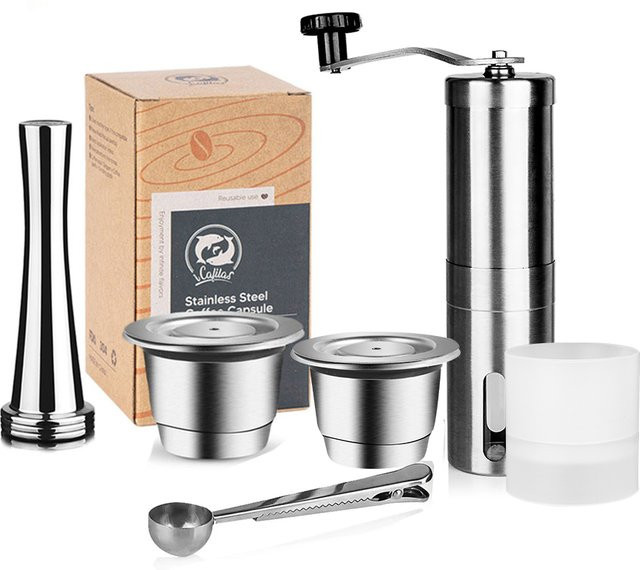 Wiederverwendbare Kaffeekapsel für Nespresso Espresso Crema Cups aus Edelstahl in Silber mit Tamper-Dosierring - Bild 1