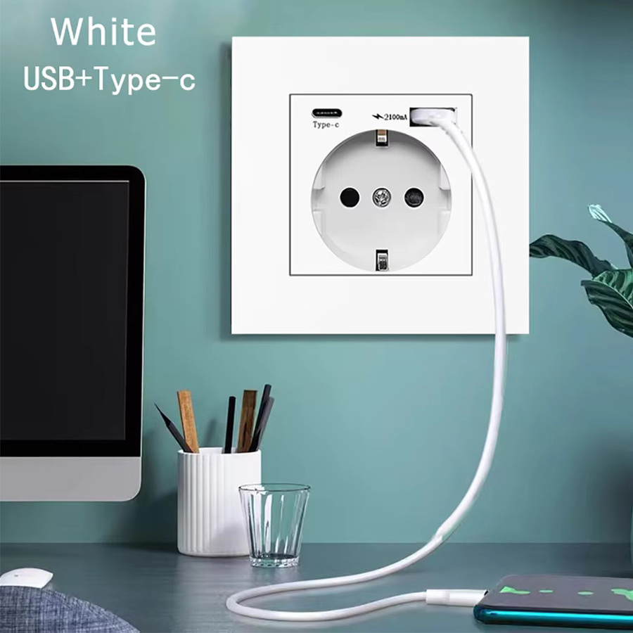 EIOMR Wandsteckdose mit USB-C Ladesteckdose, 16 A EU-Standard, Weiß, flammhemmendes PC-Panel - Bild 2