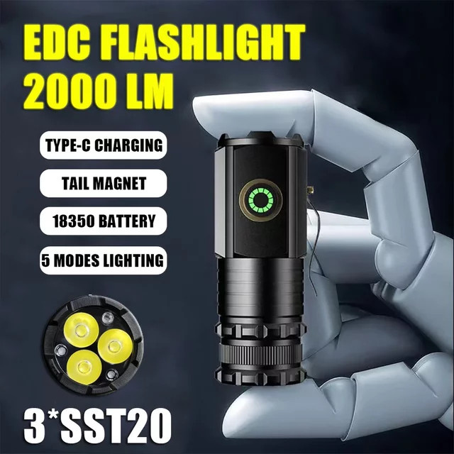 JIASHUAIXIN Mini-LED-Taschenlampe mit 3 LEDs, ultra starkes Licht, USB wiederaufladbar, Schwarz mit Stiftclip und Magnet - Bild 1