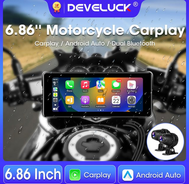 Develuck 6,86 Zoll Wireless Carplay und Android Auto Navigationsgerät mit GPS, Bluetooth und IPX7 wasserdichtem Display für Motorrad und Auto, Schwarz - Bild 1