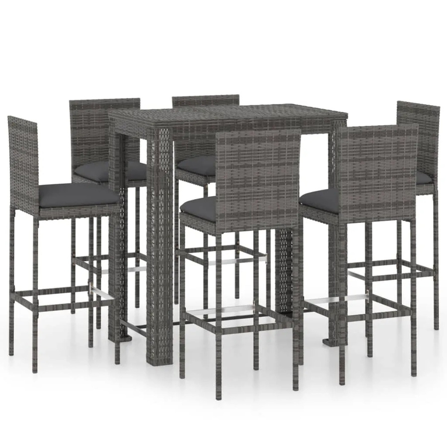 vidaXL 7-tlg Gartenbar-Set aus Poly Rattan in Grau mit Kissen und pulverbeschichtetem Stahlgestell - Bild 2