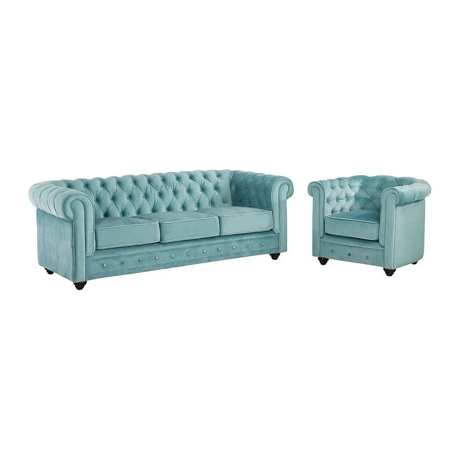 Vente-unique Chesterfield Couchgarnitur aus Samt mit 3-Sitzer-Sofa und Sessel in Hellblau, Breite: 205 cm, Höhe: 82 cm, Tiefe: 78 cm - Bild 2