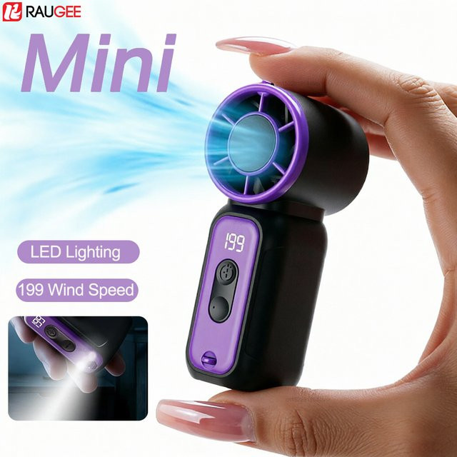 Tragbarer Mini-Handventilator von raugee in Pink mit Digitalanzeige, LED-Beleuchtung und USB-Wiederaufladung - Bild 1