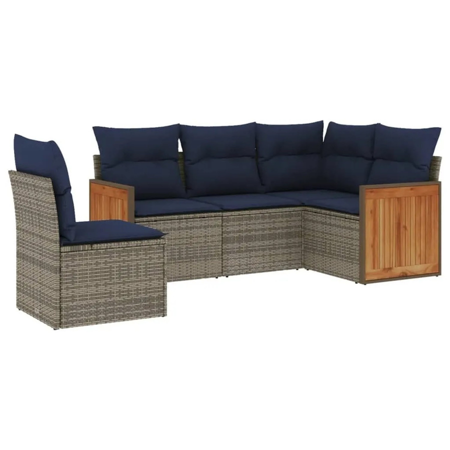 vidaXL 5-tlg Gartensofa-Set in L-Form aus Polyrattan mit Kissen in Grau und Blau - Bild 2