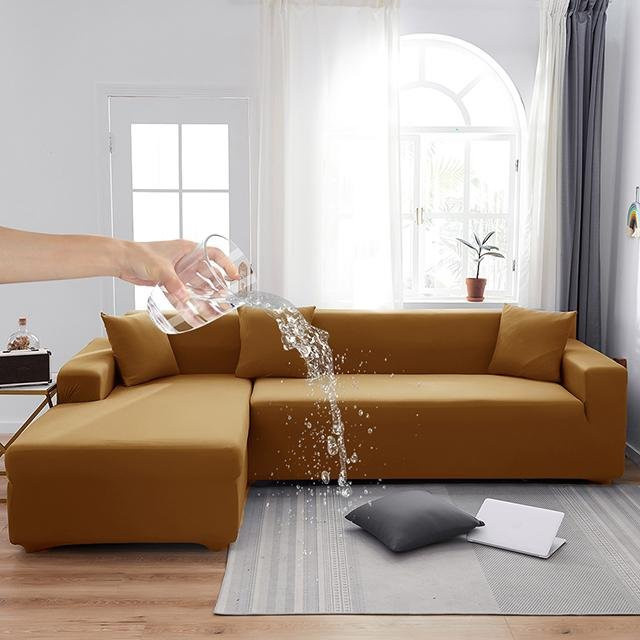 BRHUIXUE 2er-Pack elastische Sofabezüge für Ecksofas und L-förmige Sofas, wasserabweisend und rutschfest, Farbe: Kamelfarben, Breite: 140-185 cm - Bild 1
