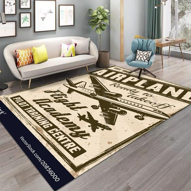 Lodestar Teppich im Aviator-Design mit Flugzeugkarten und Kompassmuster, Schwarz und Beige, B/T: 60 x 40 cm - Bild 1