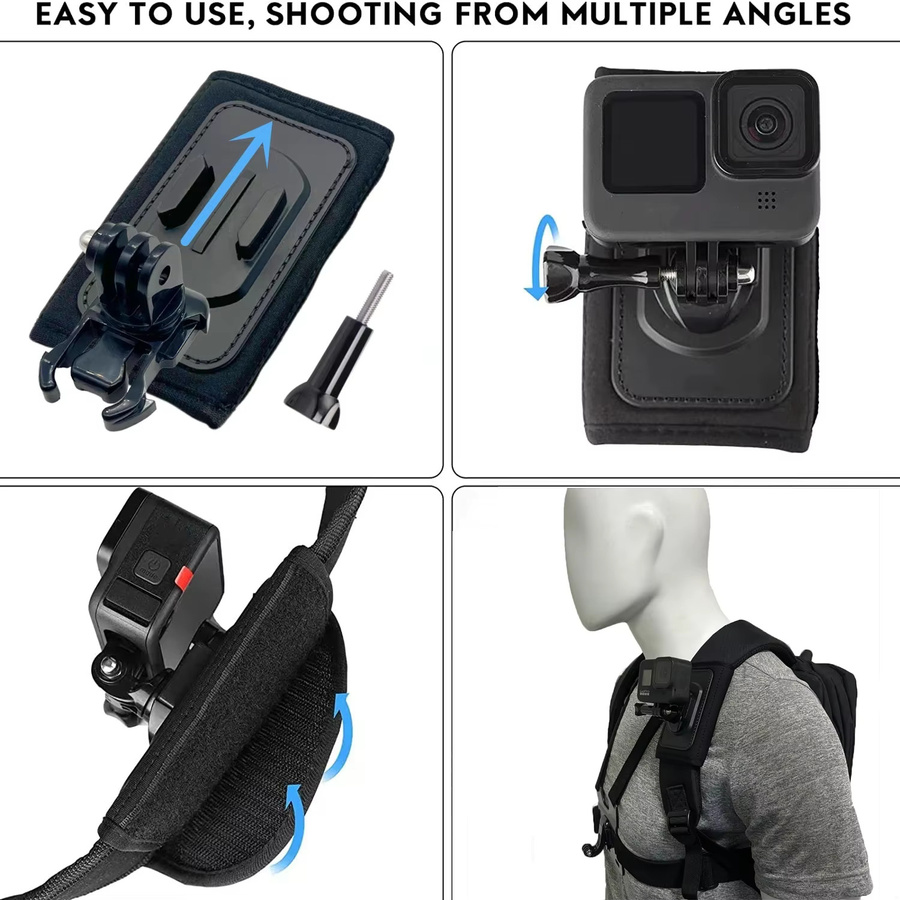 EXSKOF 360 Grad rotierbarer Rucksack-Gurthalter für Action-Kameras in Schwarz - Bild 4