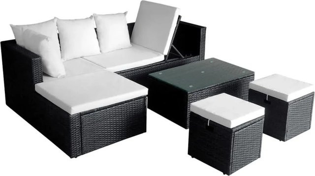 vidaXL 4-tlg Garten-Lounge-Set in L-Form aus Poly Rattan und pulverbeschichtetem Stahl, Schwarz, inklusive Auflagen und Couchtisch - Bild 1