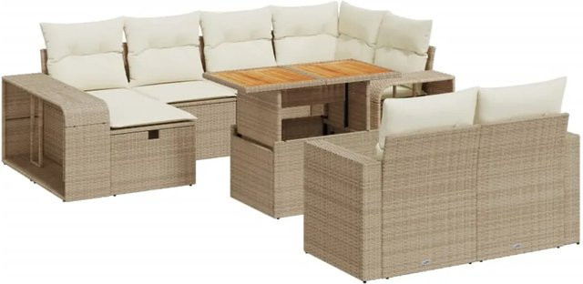vidaXL 11-teilige Garten-Sofagarnitur aus Poly-Rattan und Akazienholz mit Kissen in Beige-creme - Bild 1