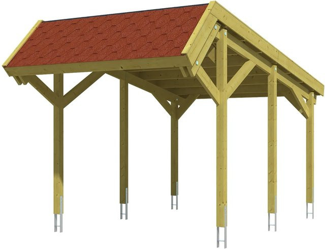 Skan Holz Carport Harz aus Nadelholz in Grün mit roten Dachschindeln B: 321 cm, L: 560 cm - Bild 1