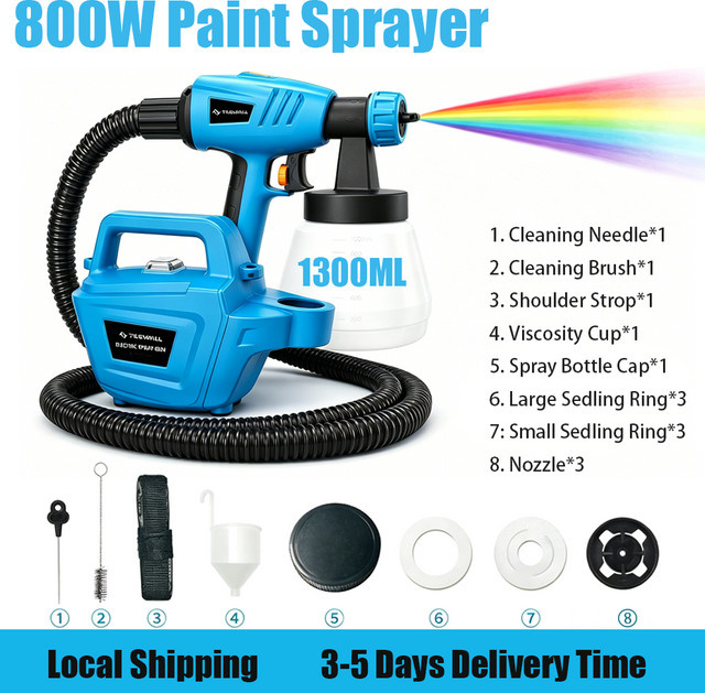 Parrior HVLP Farbspritzgerät mit 800W, elektrische Farbspritzpistole in Blau mit 1300 ml Behälter, 3 Düsen, 3 Sprühmustern und einstellbarer Durchflussregelung - Bild 1