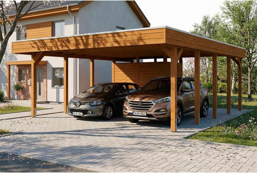 SKANHOLZ Carport Friesland aus Fichte mit Abstellraum und Flachdach in Nussbaum Braun, B: 546 cm, T: 708 cm - Bild 1