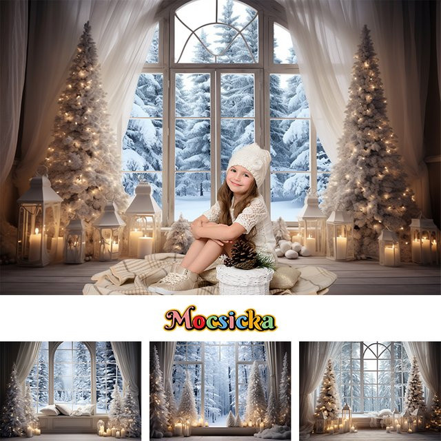 MOCSICKA Fotohintergrund Winterhaus mit Weihnachtsbaum und Schnee in Weiß für Studio-Fotografie und Innendekoration - Bild 1