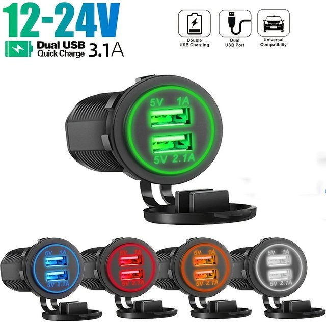 Kankeirr Duales USB-Autoladegerät mit wasserdichter LED-Steckdose, 3,1 A, Schwarz - Bild 1