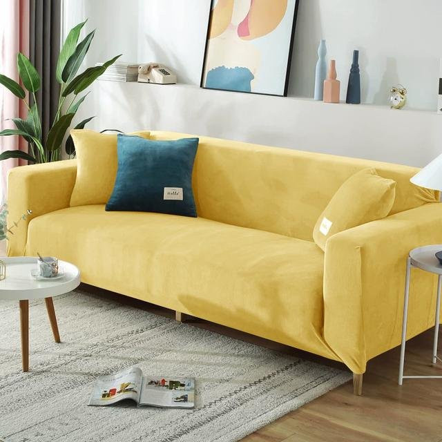 Elastischer Samtplüsch Sofabezug in Gelb für 1-Sitzer, dehnbarer L-Form Sofa-Überwurf von Your Warm Home - Bild 1