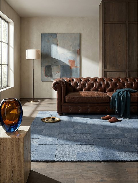 Wollteppich Kadima Design kariert in Blau mit High-Low-Effekt, B: 120 cm, L: 170 cm - Bild 1