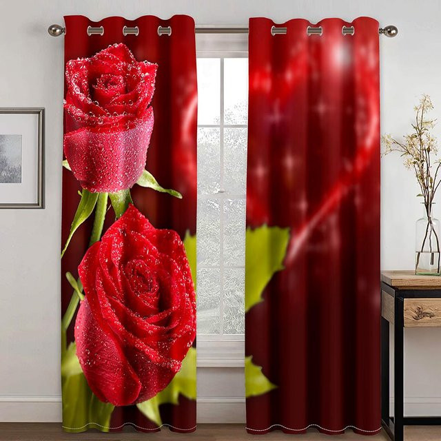 Yiran Furniture Vorhänge mit Rosenblumen-Design in Rot und Rosa, 2er-Set halbtransparent, Höhe: 100 cm, Breite: 50 cm pro Paneel - Bild 1