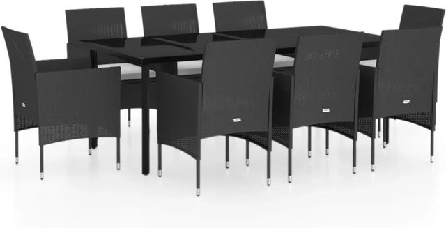 vidaXL 9-teilige Garten-Essgruppe aus PE-Rattan und pulverbeschichtetem Stahl mit Kissen und Glasplatte in Schwarz - Bild 1