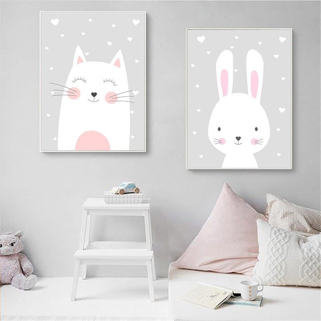 Potdemiel Wandkunst Leinwandgemälde mit Cartoon Kaninchen und Bär im Nordic Design für Kinderzimmer, Mehrfarbig - Bild 1