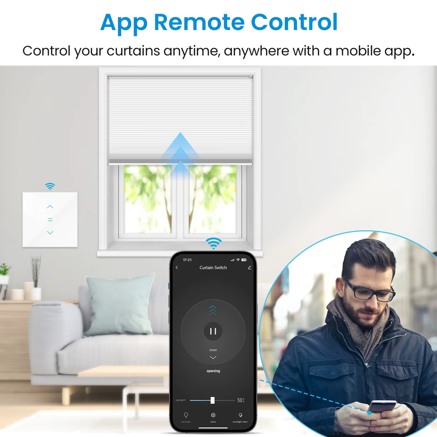 RiooCubee Tuya Smart Life Vorhangschalter in Weiß mit Hintergrundbeleuchtung, Prozentsatzanzeige, Timer und Fernbedienung, kompatibel mit Google Home und Amazon Alexa - Bild 4