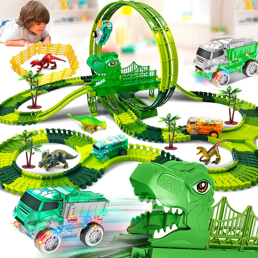 TONERJU Dinosaurier Spielzeugset mit motorisierten LED-Autos und leuchtenden flexiblen Zugschienen in Mehrfarbig - Bild 1