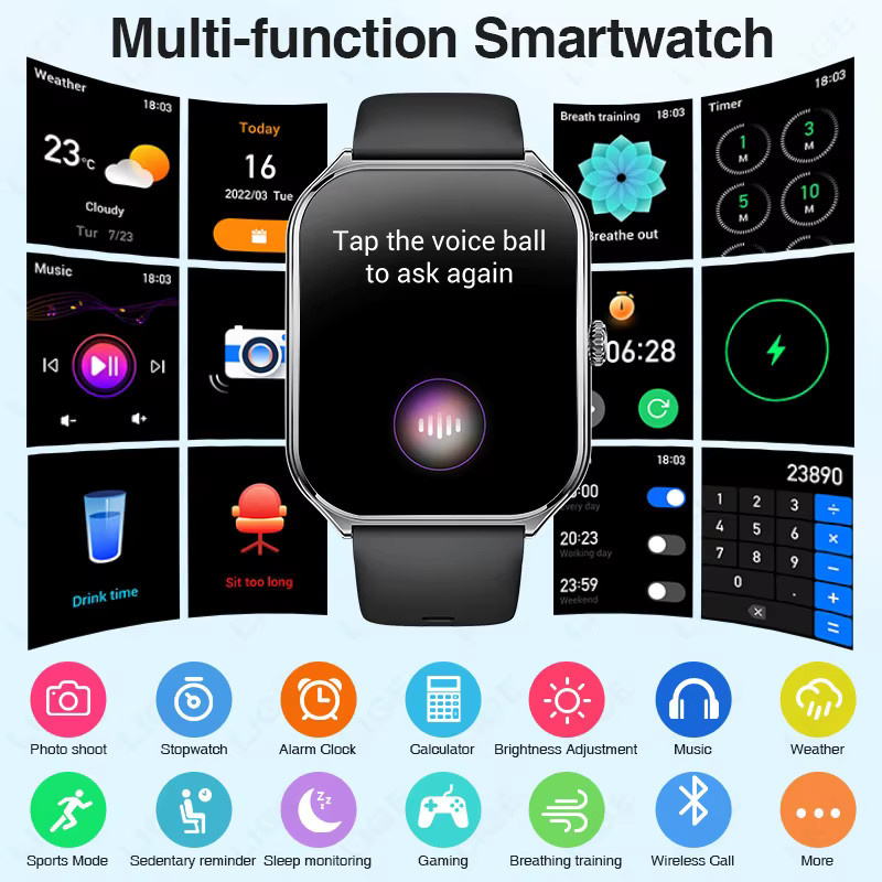 LIGE Smartwatch, 1,96 Zoll, Schwarz, Silikon, Unisex - Bild 6