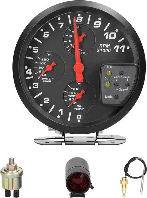 VehicleKit 4 in 1 Auto Multifunktionsmessgerät mit Drehzahlmesser, Öldruck, Öltemperatur und Wassertemperatur, 5 Zoll, Schwarz - Bild 1