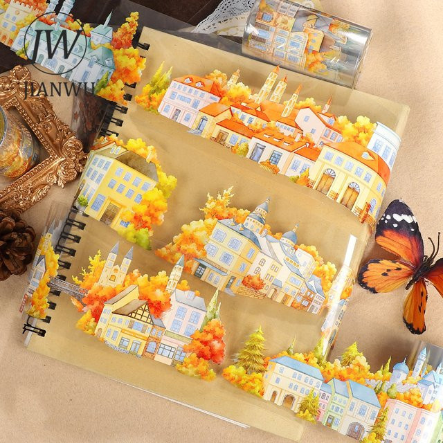 JIANWU Washi Tape PET Band mit Vintage Herbst Stadt und Landschaft Motiven, Multicolor, Breite: 7 cm, Länge: 5 m - Bild 1