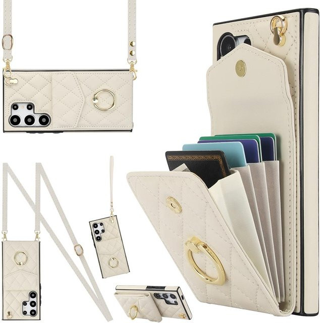 Crossbody Portemonnaie Hülle aus Leder für Samsung Galaxy S26 S25 Ultra S24 Plus S23 FE S22 S21 Ultra mit Lanyard in Weiß - Bild 1
