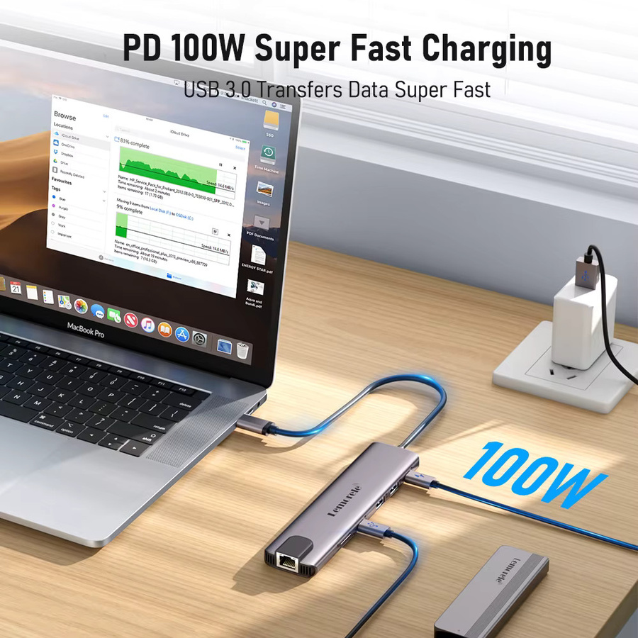 Lemorele 11-in-1 USB-C Hub in Grau mit 4K HDMI, 100W PD, RJ45 Ethernet, SD/TF-Steckplatz und 480 Mbps Datenübertragung für Mac und Windows - Bild 5
