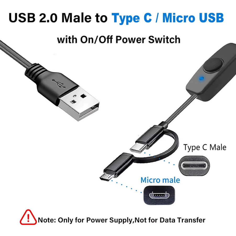 2-in-1 Mikro-USB und USB-C Ladekabel mit Ein- und Ausschalter in Schwarz - Bild 2