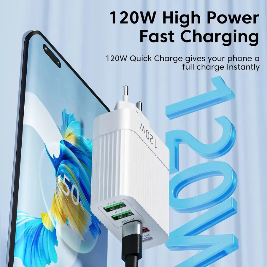 USB-C-Ladegerät mit 120 W und mehreren Anschlüssen für Schnellladung via PD Typ C und QC 3.0, Wandadapter in Weiß - Bild 4