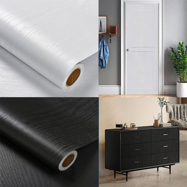 Wasserdichte selbstklebende PVC-Tapete in Schwarz-Weiß mit Holzmaserung für Kleiderschränke, Küchenmöbel und Wanddekoration - Bild 1