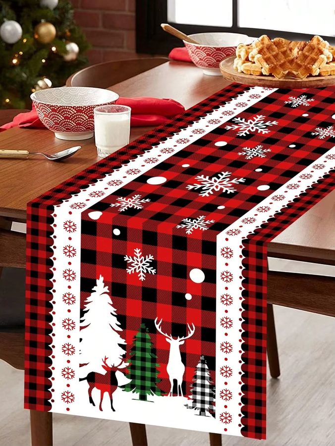 JIT Plaid Weihnachts-Tischläufer mit Schneeflocken- und Hirschmuster für deine festliche Esstisch-Dekoration - Bild 2