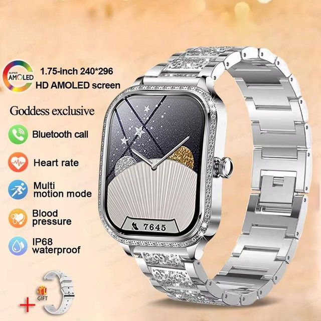 QLY Online Smartwatch für Damen in Silber mit 1,75 Zoll AMOLED gebogenem Display, IP68 wasserdicht, Bluetooth Anruffunktion und Gesundheitsüberwachung mit Edelstahlarmband - Bild 1