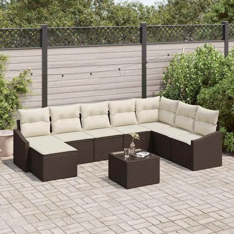 Vidaxl Garten Essgruppe aus Polyrattan mit 9-teiligem Set und Kissen in Braun und Beige - Bild 1