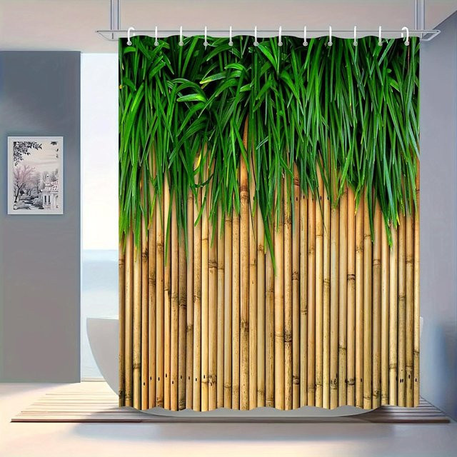 Dekorativer Duschvorhang mit Bambus-Landschaftsmotiv von Dai Jiaochuan in Grün, wasserdicht und schimmelresistent aus Polyester, B: 180 cm, H: 180 cm - Bild 1
