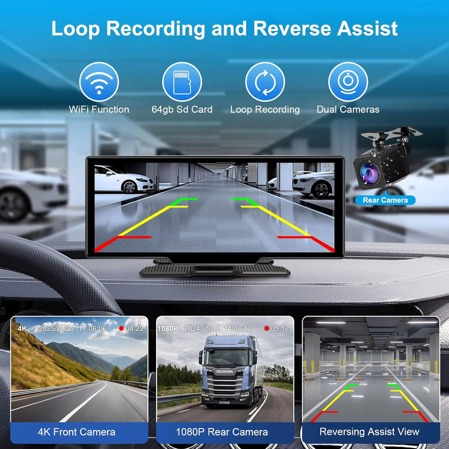 Srnubi 10,26 Zoll Carplay und Android Auto Monitor mit 4K Dashcam, Multimedia Player und Rückfahrkamera in Schwarz - Bild 5