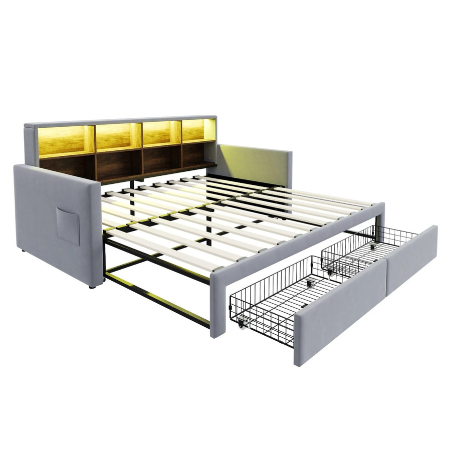 Merax Schlafsofa Hellgrau mit LED-Beleuchtung, USB-Ladeanschluss und Stauraum-Schubladen, B/T/H: 204 x 96 x 104 cm - Bild 1