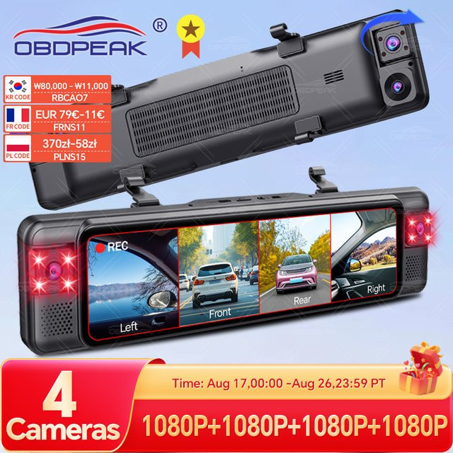OBDPEAK D75 4-Kanal 11 Zoll Dashcam Rückspiegelkamera mit Dual-Objektiv, 1080P Full HD, Infrarot-Nachtsicht, WIFI und GPS in Schwarz - Bild 1