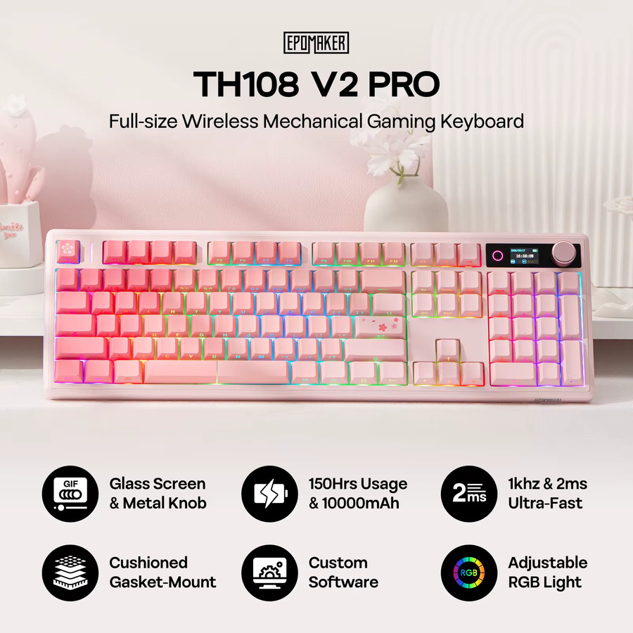 EPOMAKER TH108 V2 PRO Mechanische Gaming-Tastatur mit Gasket-Design, Tri-Mode Kabellos (Wi-Fi, Bluetooth), RGB-Hintergrundbeleuchtung, ANSI US-Layout für Mac und PC - Bild 2